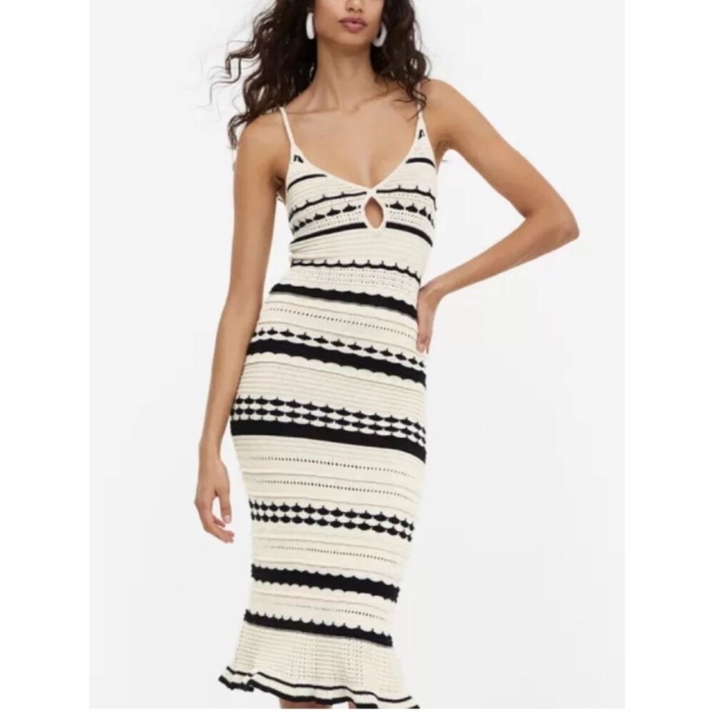 H&M Black & Cream Striped Knit Crochet Midi Dress XXL